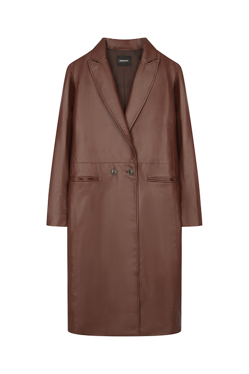 Кожаное коричневое пальто